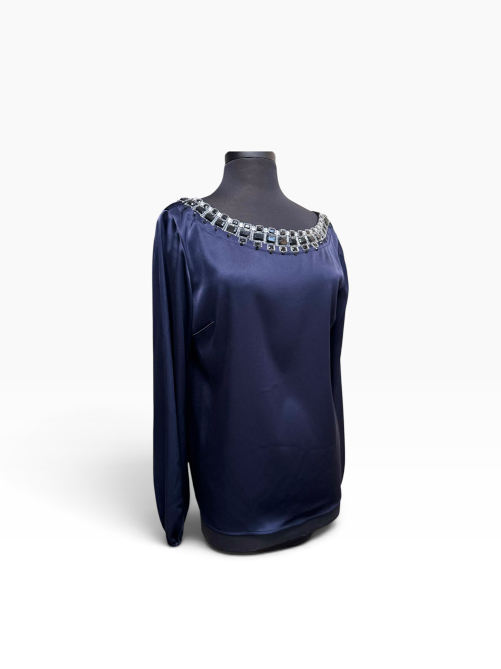 St. John Hand-Beaded Navy Liquid Satin Blouse – Size 12